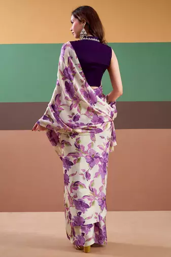 Purple satin silk floral printed saree with stitched blouse