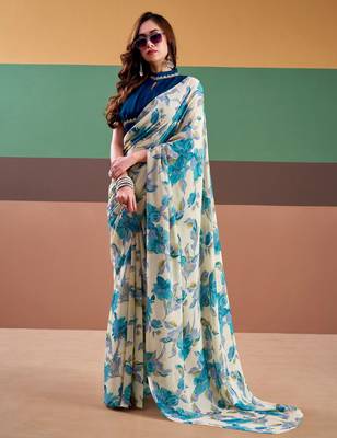 Sea blue satin silk floral printed saree with stitched blouse 1