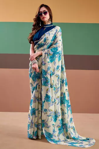 Sea blue satin silk floral printed saree with stitched blouse