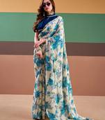 Sea blue satin silk floral printed saree with stitched blouse