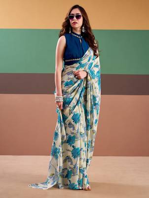 Sea blue satin silk floral printed saree with stitched blouse 2