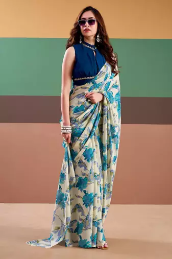 Sea blue satin silk floral printed saree with stitched blouse