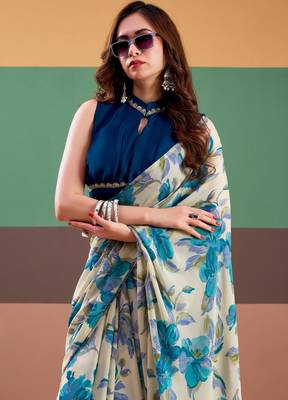 Sea blue satin silk floral printed saree with stitched blouse 3
