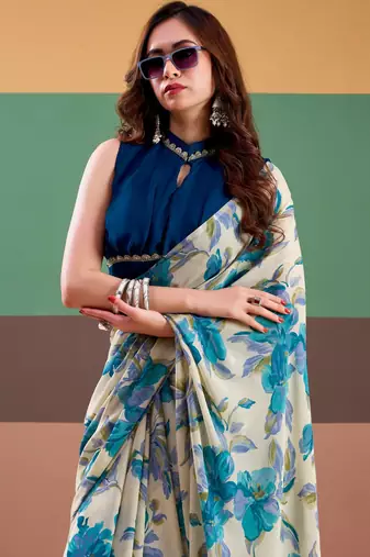 Sea blue satin silk floral printed saree with stitched blouse