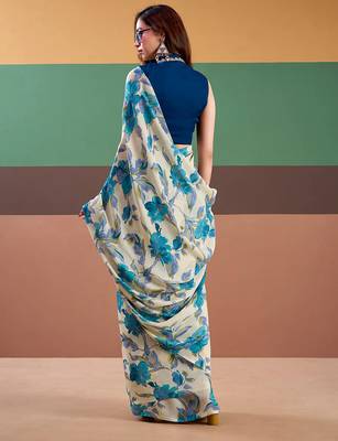 Sea blue satin silk floral printed saree with stitched blouse 4