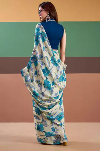 Sea blue satin silk floral printed saree with stitched blouse