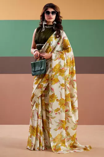 Yellow satin silk floral printed saree with stitched blouse