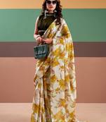 Yellow satin silk floral printed saree with stitched blouse
