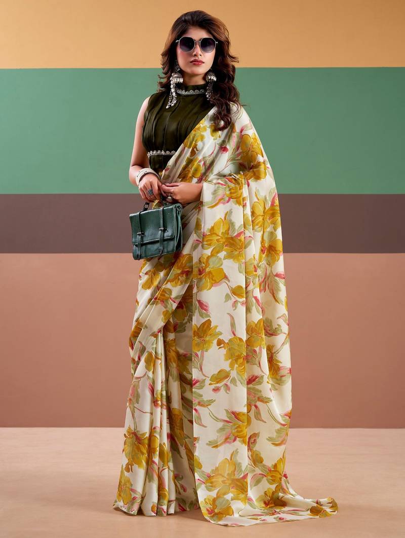 Yellow satin silk floral printed saree with stitched blouse