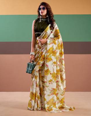 Yellow satin silk floral printed saree with stitched blouse 2