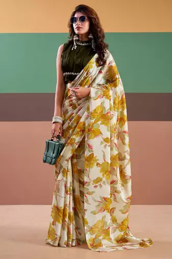 Yellow satin silk floral printed saree with stitched blouse