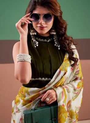 Yellow satin silk floral printed saree with stitched blouse 4