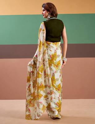 Yellow satin silk floral printed saree with stitched blouse 5