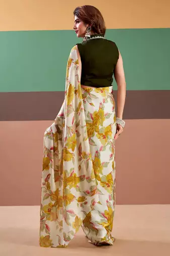 Yellow satin silk floral printed saree with stitched blouse