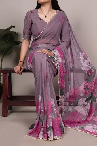 Grey weightless marble and floral printed georgette saree with unstitched blouse