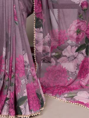 Grey weightless marble and floral printed georgette saree with unstitched blouse 3