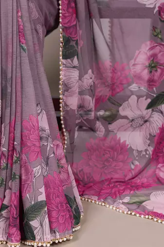 Grey weightless marble and floral printed georgette saree with unstitched blouse