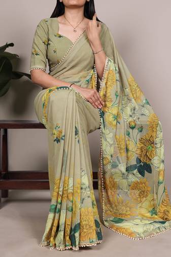 Mehendi weightless marble and floral printed georgette saree with unstitched blouse