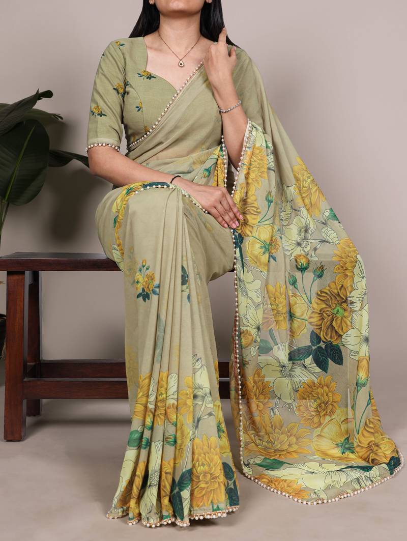 Mehendi weightless marble and floral printed georgette saree with unstitched blouse
