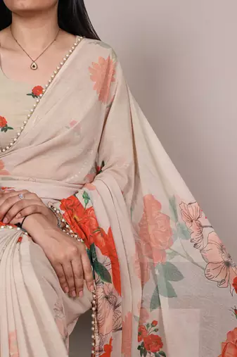 Off white weightless marble and floral printed georgette saree with unstitched blouse
