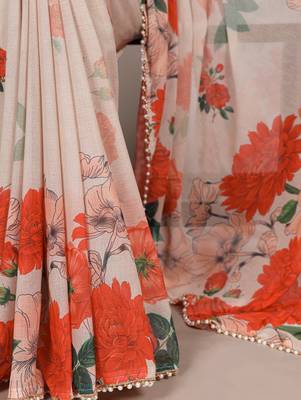 Off white weightless marble and floral printed georgette saree with unstitched blouse 3