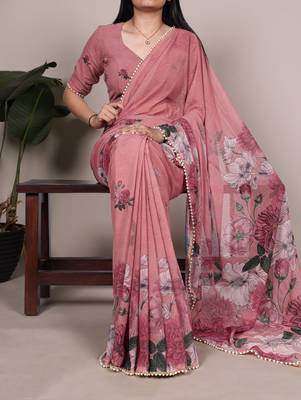 Peach weightless marble and floral printed georgette saree with unstitched blouse 1