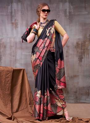 Black satin silk printed saree with a natural silk unstitched blouse 1