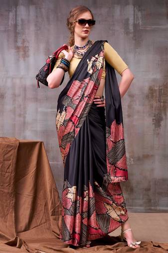 Black satin silk printed saree with a natural silk unstitched blouse