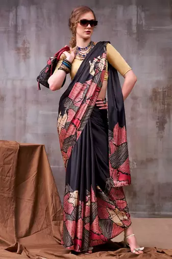 Black satin silk printed saree with a natural silk unstitched blouse