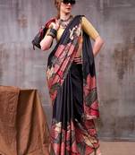 Black satin silk printed saree with a natural silk unstitched blouse