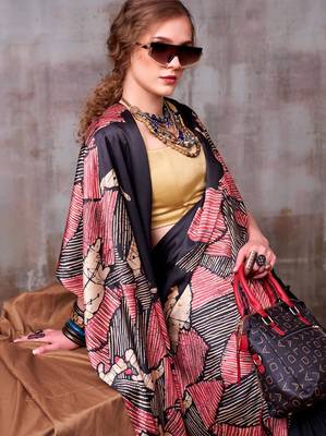 Black satin silk printed saree with a natural silk unstitched blouse 2