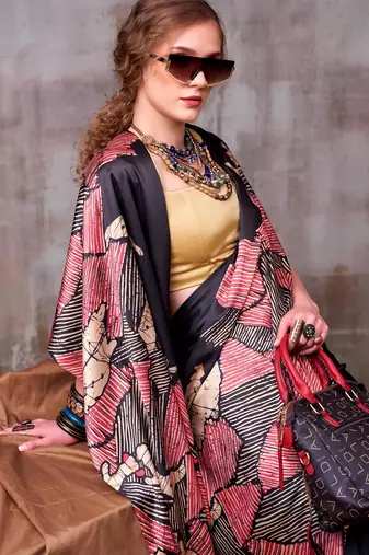 Black satin silk printed saree with a natural silk unstitched blouse