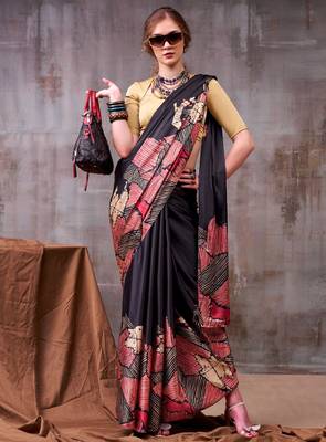 Black satin silk printed saree with a natural silk unstitched blouse 3