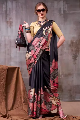 Black satin silk printed saree with a natural silk unstitched blouse