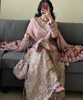 charming light peach silk embroidered suit  5