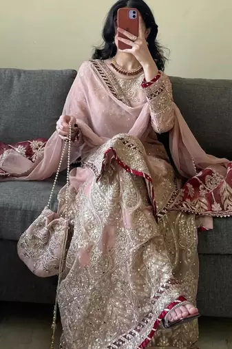 charming light peach silk embroidered suit 