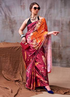 Maroon satin silk printed saree with a natural silk unstitched blouse 1