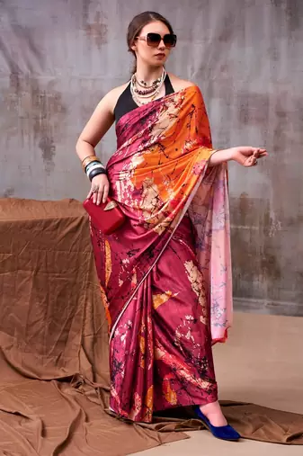 Maroon satin silk printed saree with a natural silk unstitched blouse