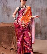 Maroon satin silk printed saree with a natural silk unstitched blouse
