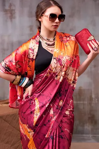 Maroon satin silk printed saree with a natural silk unstitched blouse
