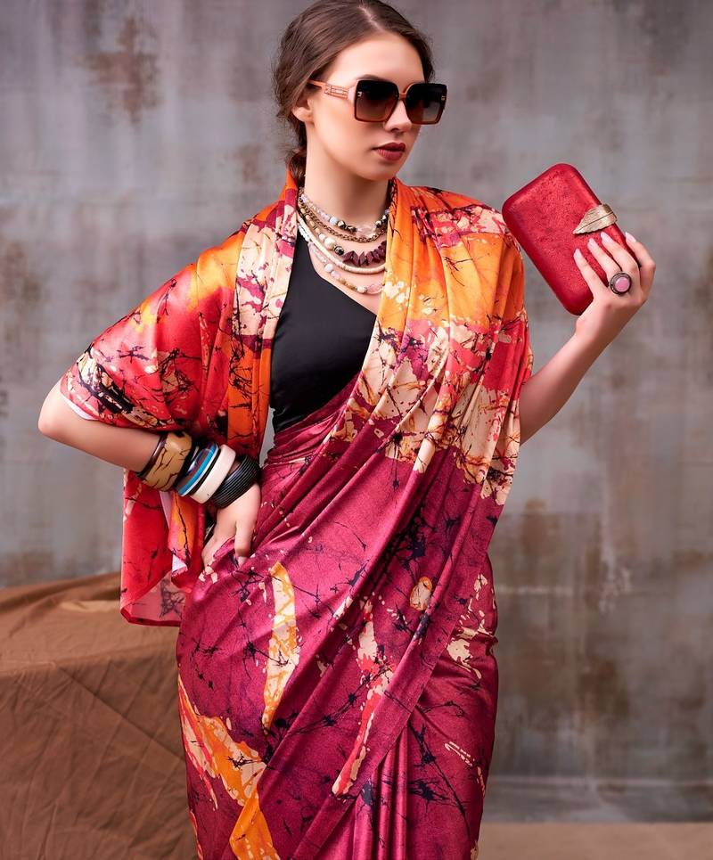 Maroon satin silk printed saree with a natural silk unstitched blouse