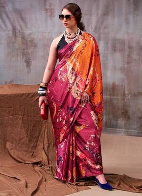 Maroon satin silk printed saree with a natural silk unstitched blouse 3