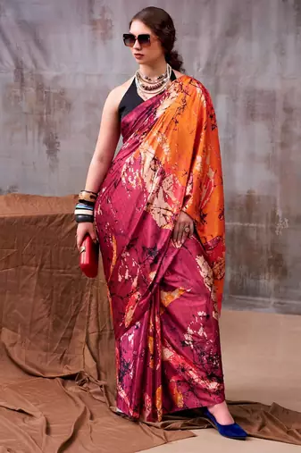Maroon satin silk printed saree with a natural silk unstitched blouse