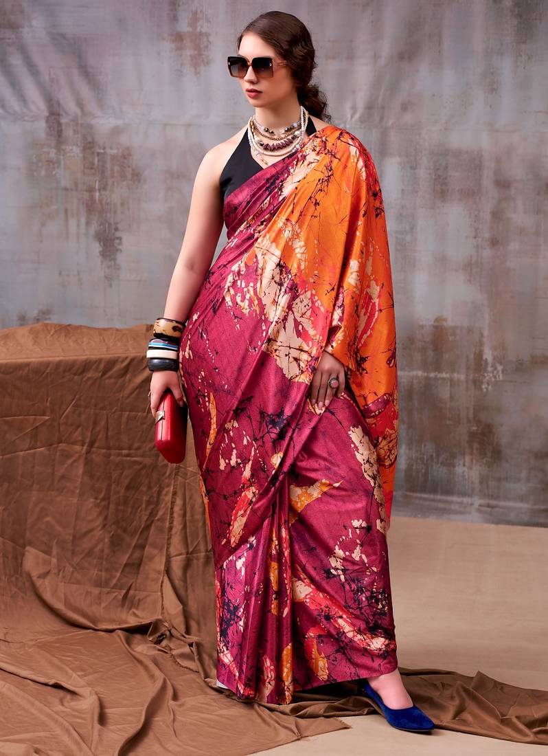 Maroon satin silk printed saree with a natural silk unstitched blouse