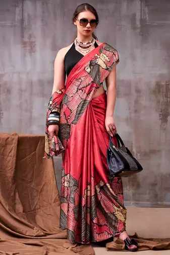 Red satin silk printed saree with a natural silk unstitched blouse