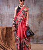 Red satin silk printed saree with a natural silk unstitched blouse