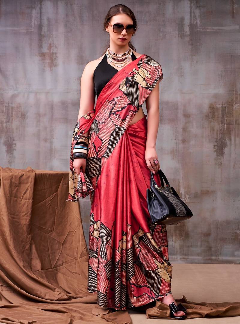 Red satin silk printed saree with a natural silk unstitched blouse