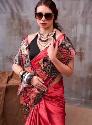 Red satin silk printed saree with a natural silk unstitched blouse 2