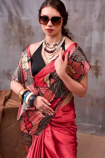 Red satin silk printed saree with a natural silk unstitched blouse