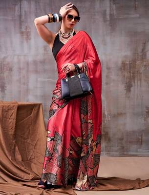 Red satin silk printed saree with a natural silk unstitched blouse 3